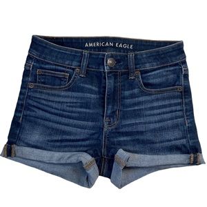 American Eagle blue jean denim shorts 2.5” inseam cuffed stretchy high waisted.